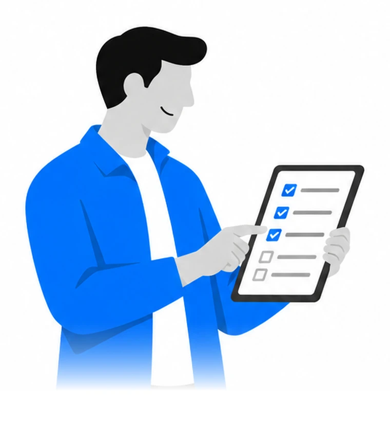 Illustration: Ein Fuhrparkmanager hakt auf dem Tablet die Fristen der Fahrzeuge ab
