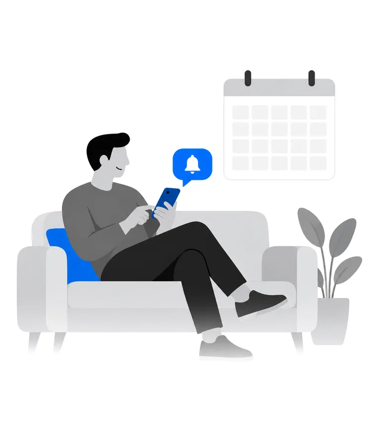 Illustration: Eine Person auf dem Sofa erhält eine Benachrichtigung auf dem Handy